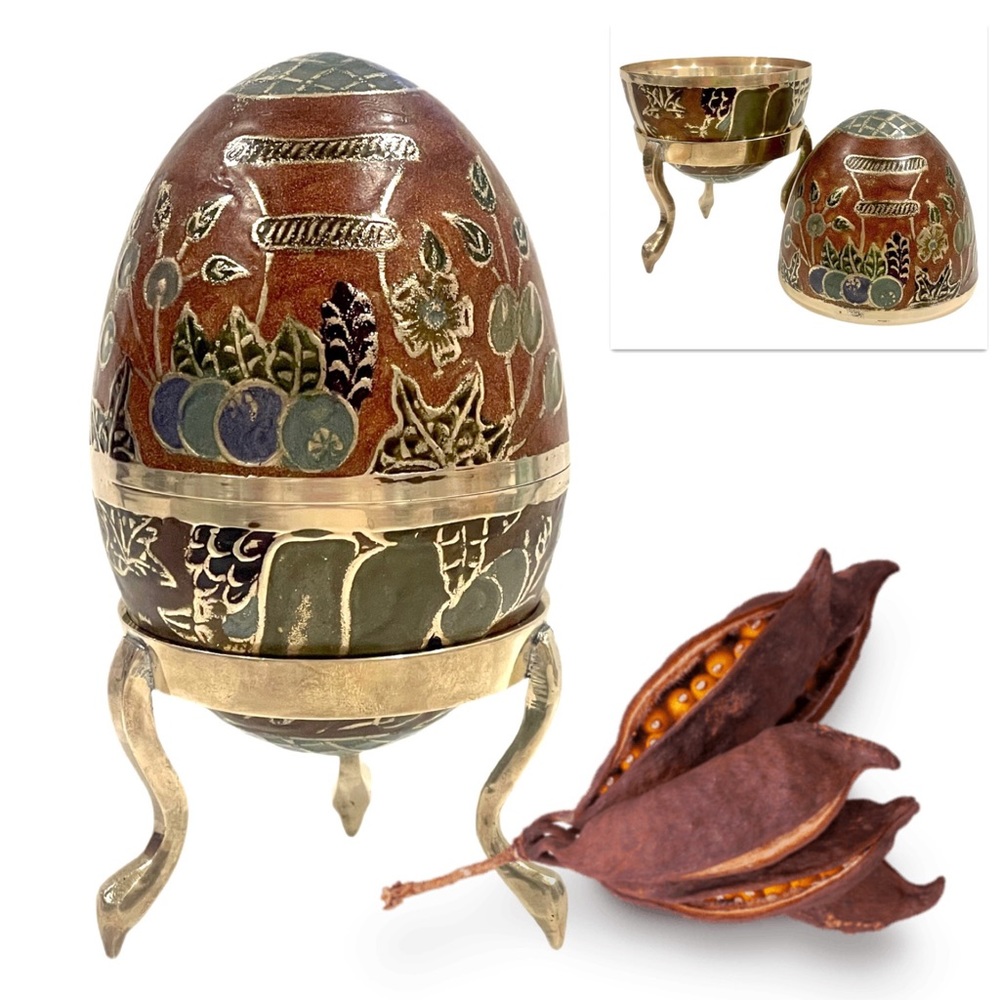 Enameled Cloisonne Brass Egg Trinket Box with Brass Stand Fruit & Flower Design.